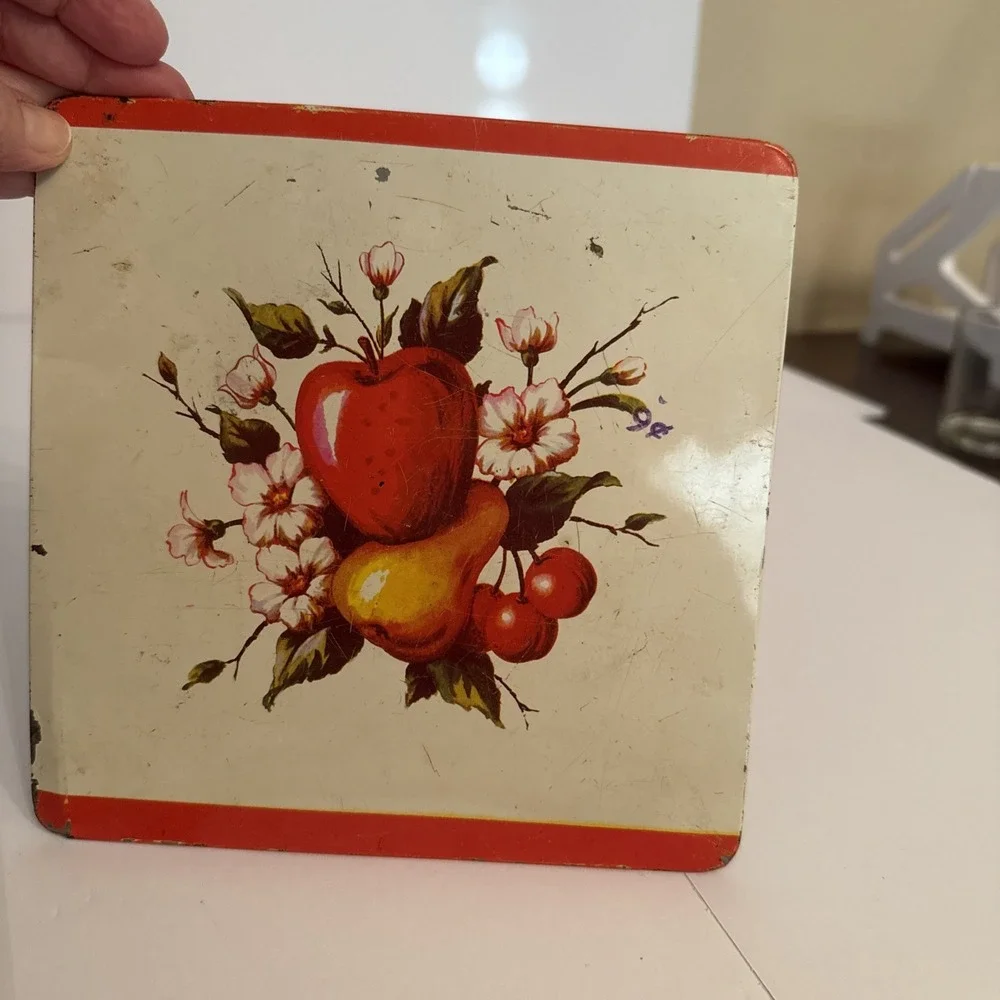 Vintage Pro-Tex Hot Plate Stove Mats Set of 2 Fruit Motif Red Cream Metal Trivet